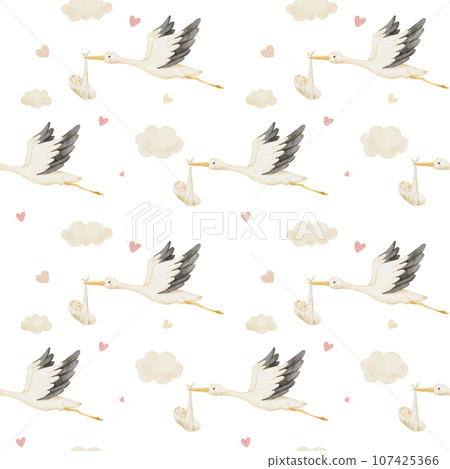 Cute watercolor pattern for childish textiles or fabrics with flying stork holding newborn. Cute watercolor pattern for childish textiles or fabrics with flying stork holding newborn. 107425366