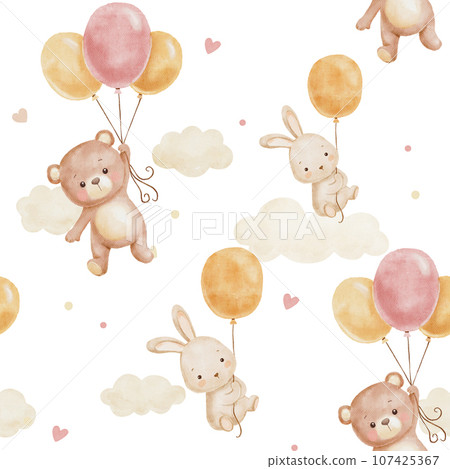 Cute watercolor pattern for childish textiles or fabrics with flying bear and bunny on balloon. 107425367