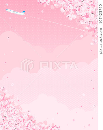 Cherry blossoms in full bloom and airplane background material (vertical orientation) 107425760
