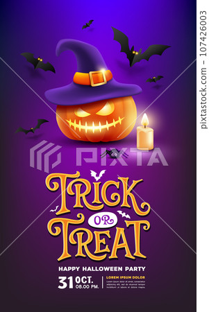 Happy Halloween, trick or treat text, pumpkins wearing a purple hat, candel and spider, bat flying, poster design on purple background Happy Halloween, trick or treat text, pumpkins wearing a purple hat, candel and spider, bat flying, poster design on purple background 107426003