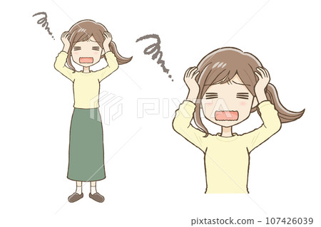 A woman in a long skirt holding her head and worrying A woman in a long skirt holding her head and worrying 107426039