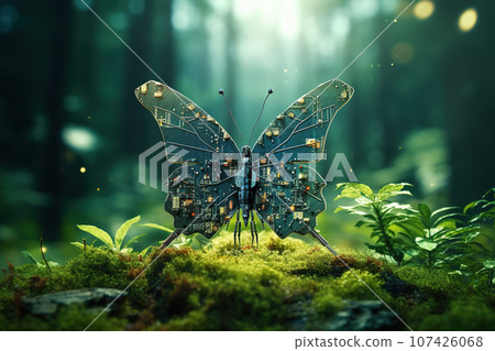 A beautiful butterfly electronics technology in the forest. Insect. Illustration, Generative AI. 107426068