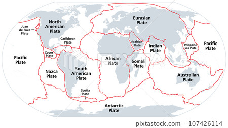 Principal tectonic plates of the Earth, gray map. The sixteen major pieces of crust and uppermost mantle of the Earth, called the lithosphere, and consisting of oceanic and continental crust. Vector. Principal tectonic plates of the Earth, gray map. The sixteen major pieces of crust and uppermost mantle of the Earth, called the lithosphere, and consisting of oceanic and continental crust. Vector. 107426114