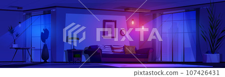 Dark night living room interior in house vector 107426431
