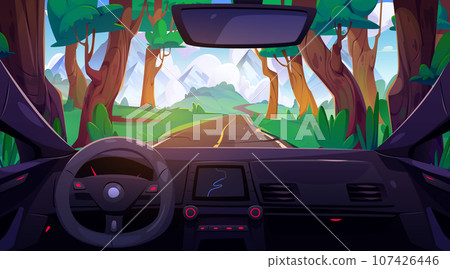 Car dashboard with forest road view Car dashboard with forest road view 107426446