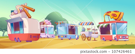 Street food festival with truck shops in park Street food festival with truck shops in park 107426461