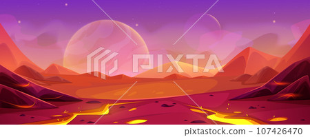Game alien planet landscape with red surface. 107426470