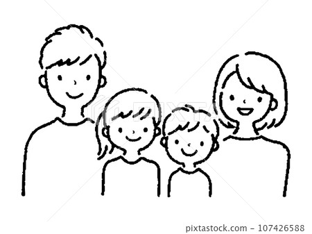 黑白手繪線條畫插圖中的四口之家 107426588