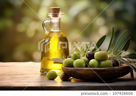 Bottle with olive oil and plate with olives on wooden table, Generative AI Bottle with olive oil and plate with olives on wooden table, Generative AI 107426608