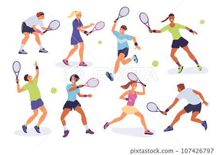 People play lawn tennis. Professional athletes with rackets in hands. Guys and girls submit or hit balls. Sportsman at match court. Sport competition and hobby game. Garish vector set 107426797