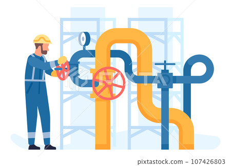 Oil petroleum industry. Worker turning pipeline valve. Petrol equipment. Petrochemical factory production. Refinery plant. Fossil fuel extraction. Engineer in uniform. Vector concept 107426803