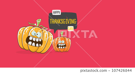 Funny Thanksgiving day horizontal banner with vector funny cartoon cute smiling friends pumpkins isolated on pink background. Thanksgiving day cute banner and label design template with pumpkins Funny Thanksgiving day horizontal banner with vector funny cartoon cute smiling friends pumpkins isolated on pink background. Thanksgiving day cute banner and label design template with pumpkins 107426844