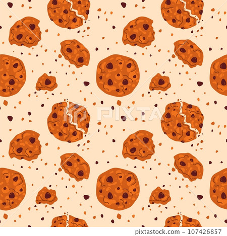 Homemade shortbread cookies seamless pattern. Broken biscuits. Chocolate pieces or crumbs. Traditional bakery. Oatmeal pastry. Crisp dessert. Biting confectionery. Garish vector background Homemade shortbread cookies seamless pattern. Broken biscuits. Chocolate pieces or crumbs. Traditional bakery. Oatmeal pastry. Crisp dessert. Biting confectionery. Garish vector background 107426857