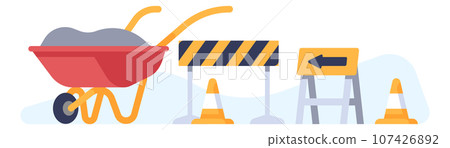 Construction process. Wheelbarrow and stop barrier. Foundation building. Cone or arrow sign. House build. Roadwork tools. Industrial equipment. Cement loading into cart. Vector concept 107426892