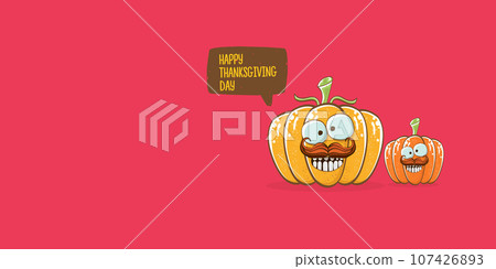 Funny Thanksgiving day horizontal banner with vector funny cartoon cute smiling friends pumpkins isolated on pink background. Thanksgiving day cute banner and label design template with pumpkins 107426893