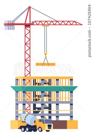 Construction process. Multi story residential house building. Industrial crane and cement mixer truck. City architecture. Unfinished skyscraper. Real estate engineering. Vector concept Construction process. Multi story residential house building. Industrial crane and cement mixer truck. City architecture. Unfinished skyscraper. Real estate engineering. Vector concept 107426904
