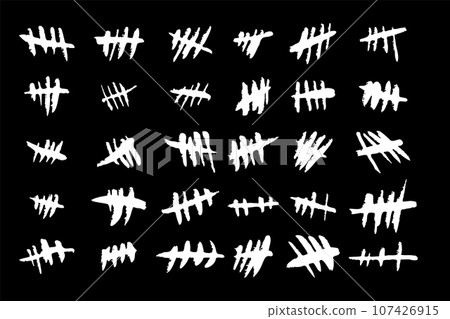 Chalk tally marks. Sticks lines counter. White grunge icons on black board. Prison term counting strokes. Strikethrough signs. Crossed out scratches. Hand drawn simple elements vector set 107426915