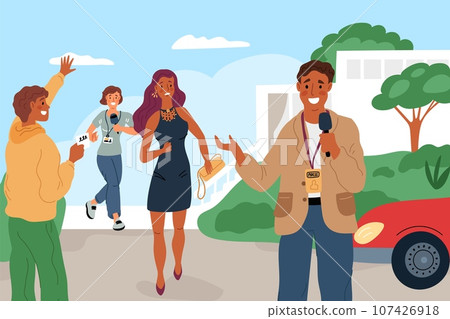 Celebrity girl. Paparazzi chasing beautiful woman. Attempt to interview fleeing famous person. Obsessive attention. Unhappy musician running from journalists. Garish vector concept 107426918