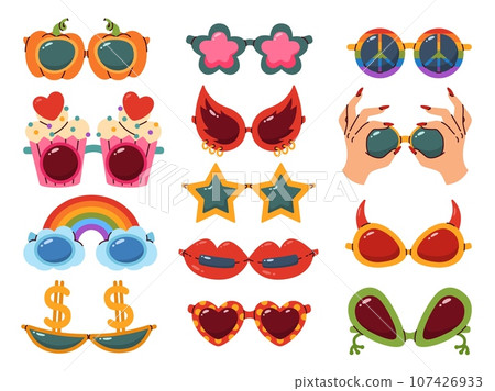 Cartoon party glasses. Funny sunglasses. Psychedelic retro optical accessories. Carnival hippy eyewears. Cute spectacles with hearts and stars. Masquerade flat elements recent vector set Cartoon party glasses. Funny sunglasses. Psychedelic retro optical accessories. Carnival hippy eyewears. Cute spectacles with hearts and stars. Masquerade flat elements recent vector set 107426933