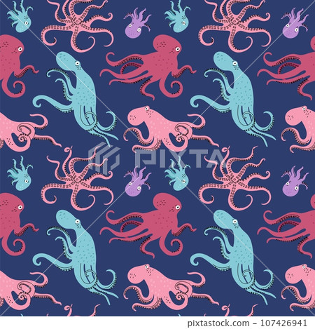 Cartoon color octopuses seamless pattern. Underwater invertebrate animals. Sea shellfishes. Tentacles with suction cups. Swimming krakens. Cephalopod mollusks. Garish vector background Cartoon color octopuses seamless pattern. Underwater invertebrate animals. Sea shellfishes. Tentacles with suction cups. Swimming krakens. Cephalopod mollusks. Garish vector background 107426941