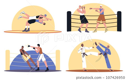 Boxing at ring. Professional athletes in sparring. Cartoon male wrestlers and boxers. Karate fight match. Sports competitions. Men punching and kicking with fists. Fighters vector set 107426950