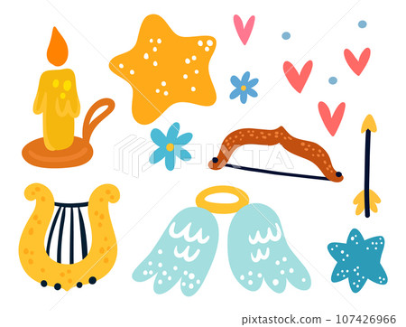 Baby angel or devil accessories. Cherubs feather wings. Cupids bow and arrow. Love hearts. Star and candle. Golden harp. Romantic archer. Mythology character. Amurs objects vector set Baby angel or devil accessories. Cherubs feather wings. Cupids bow and arrow. Love hearts. Star and candle. Golden harp. Romantic archer. Mythology character. Amurs objects vector set 107426966