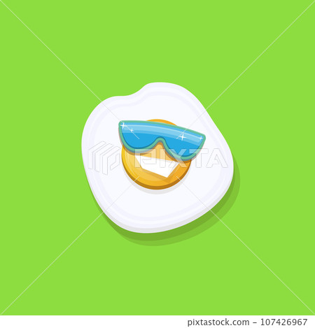 vector funny cartoon fried egg character with sunglasses isolated on green background. funky smiling morning food fried egg. Good morning concept 107426967