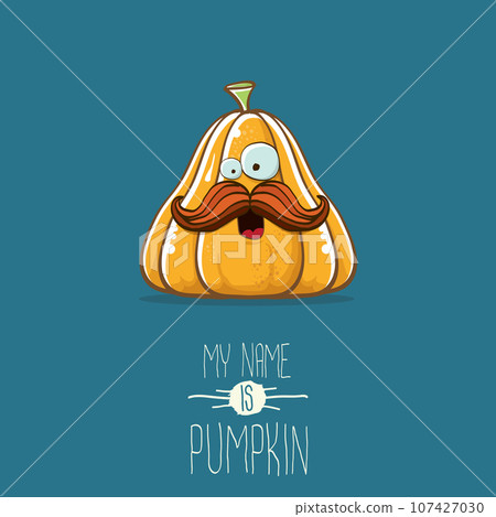vector funny cartoon cute orange smiling pumkin isolated on blue background. My name is pumkin vector concept illustration. vegetable funky halloween or thanksgiving day character vector funny cartoon cute orange smiling pumkin isolated on blue background. My name is pumkin vector concept illustration. vegetable funky halloween or thanksgiving day character 107427030