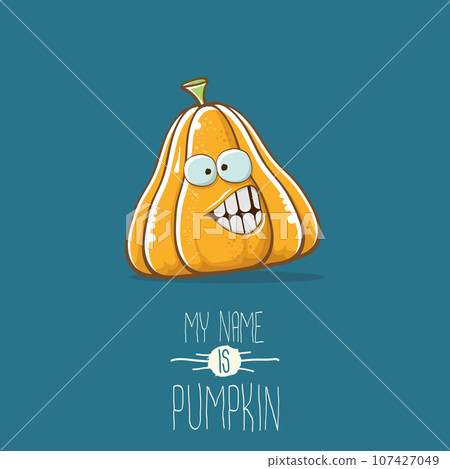 vector funny cartoon cute orange smiling pumkin isolated on blue background. My name is pumkin vector concept illustration. vegetable funky halloween or thanksgiving day character vector funny cartoon cute orange smiling pumkin isolated on blue background. My name is pumkin vector concept illustration. vegetable funky halloween or thanksgiving day character 107427049