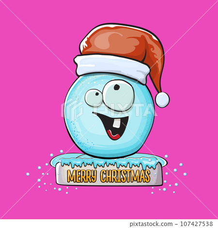 Vector cartoon snowball character with red santa claus hat isolated on pink background. Childrens Merry Christmas greeting card with funny monster snow ball. Cartoon Santa 107427538