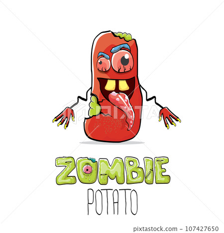 vector funny cartoon red zombie hipster potato character with hair isolated on white background. My name is zombie potato vector concept halloween background. monster vegetable funky character 107427650