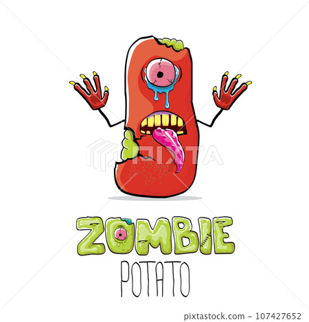 vector funny cartoon red zombie hipster potato character with hair isolated on white background. My name is zombie potato vector concept halloween background. monster vegetable funky character vector funny cartoon red zombie hipster potato character with hair isolated on white background. My name is zombie potato vector concept halloween background. monster vegetable funky character 107427652