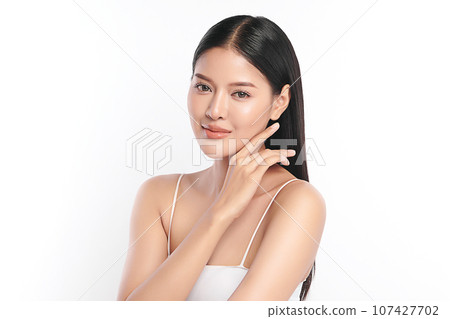 Beautiful young asian woman with clean fresh skin on white background, Face care, Facial treatment, Cosmetology, beauty and spa, Asian women portrait. 107427702