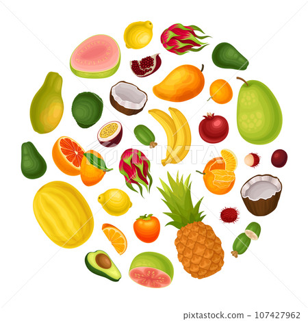 Exotic Fruit Round Composition with Bright Sweet Garden Crop Vector Template Exotic Fruit Round Composition with Bright Sweet Garden Crop Vector Template 107427962