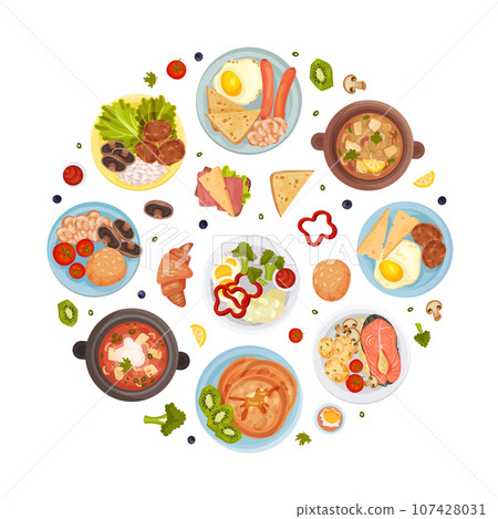 Different Food Round Composition with Tasty Dish Served on Plate Vector Template Different Food Round Composition with Tasty Dish Served on Plate Vector Template 107428031