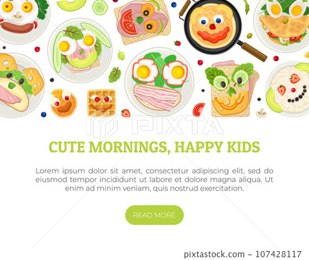 Children Breakfast Food and Meal Banner Design Vector Template 107428117
