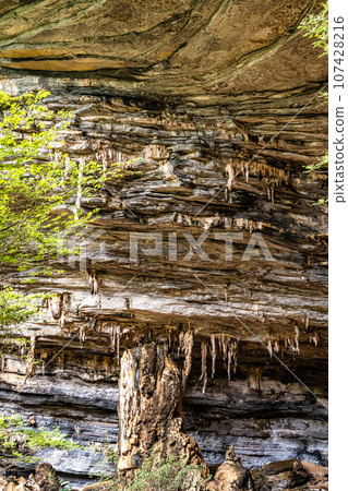 Limestone cave of stalactite and stalagmite formations, Gruta da Lapa Doce Cave, Chapada Diamantina in Bahia, Brazil. 107428216