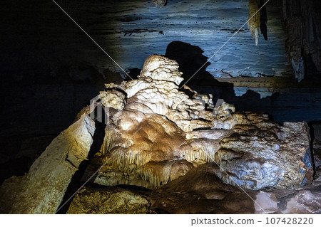 Limestone cave of stalactite and stalagmite formations, Gruta da Lapa Doce Cave, Chapada Diamantina in Bahia, Brazil. Limestone cave of stalactite and stalagmite formations, Gruta da Lapa Doce Cave, Chapada Diamantina in Bahia, Brazil. 107428220