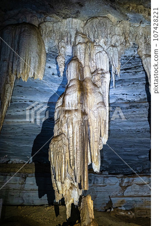 Limestone cave of stalactite and stalagmite formations, Gruta da Lapa Doce Cave, Chapada Diamantina in Bahia, Brazil. Limestone cave of stalactite and stalagmite formations, Gruta da Lapa Doce Cave, Chapada Diamantina in Bahia, Brazil. 107428221