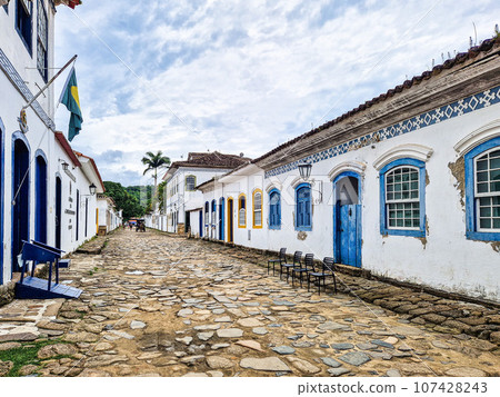 Streets and houses of historical center in Paraty, Rio de Janeiro, Brazil. 107428243