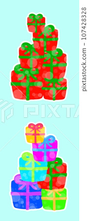 Illustration material of presents stacked with ribbons [with white border] 107428328