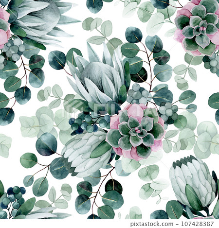 watercolor drawing. seamless pattern with tropical flowers and leaves. protea flowers and eucalyptus leaves on white background 107428387