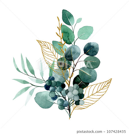 watercolor drawing. bouquet, composition of tropical eucalyptus leaves with golden elements. watercolor drawing. bouquet, composition of tropical eucalyptus leaves with golden elements. 107428435