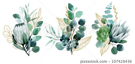 watercolor drawing. bouquet, composition of tropical protea flowers and eucalyptus leaves with golden elements. 107428436