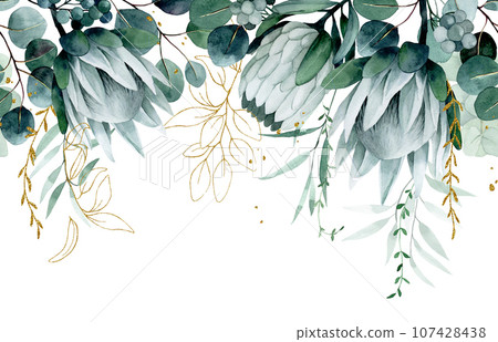 watercolor drawing. seamless border with tropical flowers and leaves. protea flowers and eucalyptus leaves with golden elements watercolor drawing. seamless border with tropical flowers and leaves. protea flowers and eucalyptus leaves with golden elements 107428438