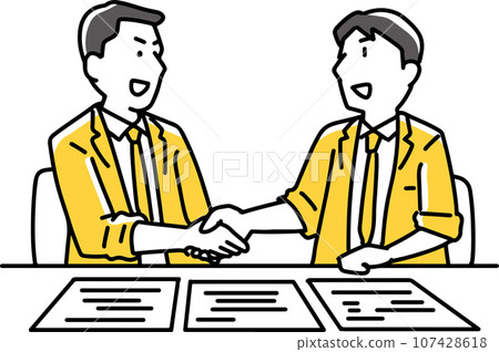 Stick man shaking hands with a smile in front of documents Stick man shaking hands with a smile in front of documents 107428618