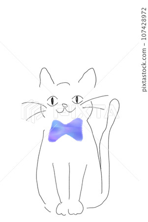 A white cat with a bow tie sitting facing the front 107428972