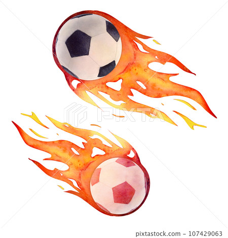 Watercolor drawing of two flying football balls black, red and white with orange comet flame. Scillfully painted balls isolated on white background. To logo banner card leaflet textile sticker posters Watercolor drawing of two flying football balls black, red and white with orange comet flame. Scillfully painted balls isolated on white background. To logo banner card leaflet textile sticker posters 107429063