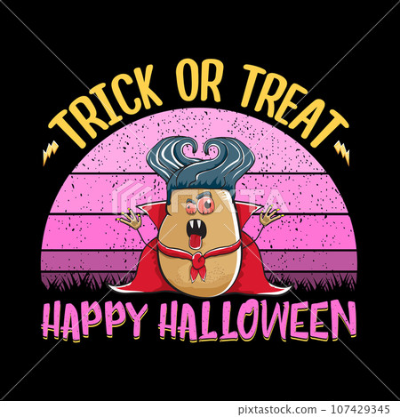 Happy Halloween banner background with vector cartoon Dracula potato with fangs and red cape isolated on white background. Funny cute vampire monster vegetable funky Halloween character Happy Halloween banner background with vector cartoon Dracula potato with fangs and red cape isolated on white background. Funny cute vampire monster vegetable funky Halloween character 107429345