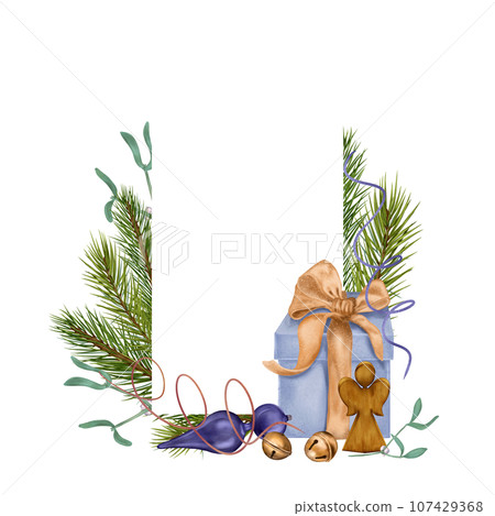 Frame of gift box, Christmas decorations digital illustration isolated on white. Present, glass ball, bells, wooden toy hand drawn. Element for holiday package, 2024 new year greeting card, label Frame of gift box, Christmas decorations digital illustration isolated on white. Present, glass ball, bells, wooden toy hand drawn. Element for holiday package, 2024 new year greeting card, label 107429368